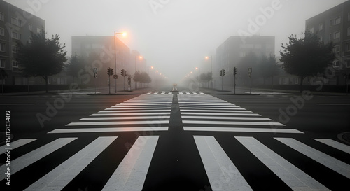 Eerie cityscape shrouded in dense fog with pedestrian crossing and buildings view