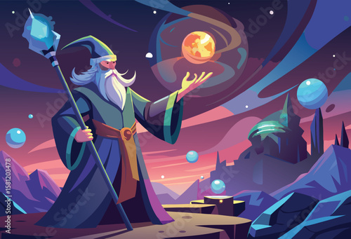 Wise wizard manipulating cosmic energy with a crystal staff amidst a mystical alien landscape