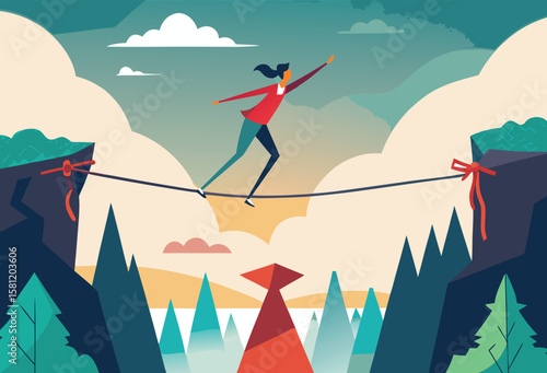 A determined woman bravely walks a tightrope between two cliffs symbolizing courage and overcoming challenges