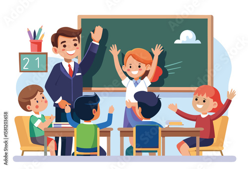 Enthusiastic teacher and excited students raising hands in a bright classroom during a lesson