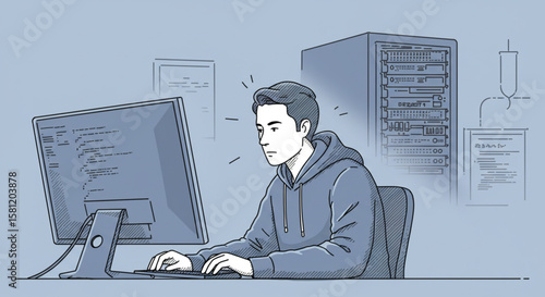 Focused software developer programming at a computer workstation with a server rack in the background vector illustration