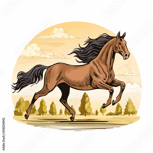 Majestic Gallop: A captivating illustration of a horse, exuding energy and grace as it charges forward, with flowing mane and tail, framed by a serene landscape.