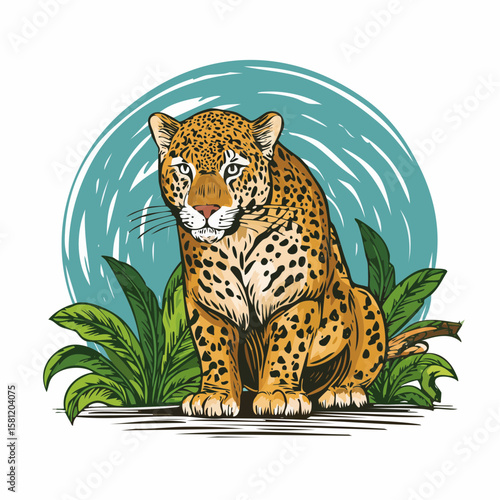 Majestic Jaguar Illustration: A powerful jaguar sits majestically amidst lush tropical foliage, its intense gaze captivating the viewer in a vibrant illustration.
