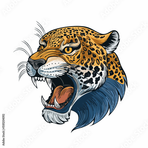 Ferocious Jaguar Head Illustration: A bold illustration of a jaguar head, showcasing its sharp teeth and intense gaze, a perfect emblem of untamed power. 