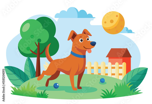 Happy brown dog with a blue collar plays in a grassy park with a tree fence and moon overhead