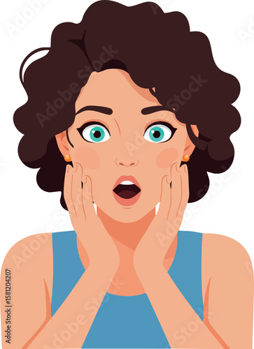 Surprised woman with curly hair and blue top expressing shock and amazement in vector style illustration