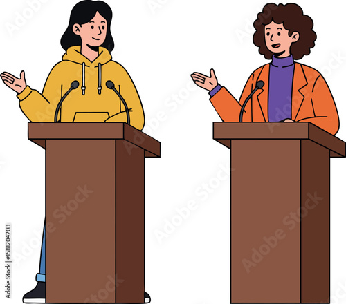 Two women speaking at podiums wearing yellow and orange jackets vector illustration for public speaking or debate events