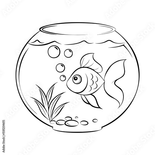 Handdrawn goldfish in a round fishbowl with bubbles aquatic plants Coloring Book