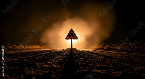 Eerie Pedestrian Crossing Sign Illuminated In Dense Fog At Night On Desert Road
