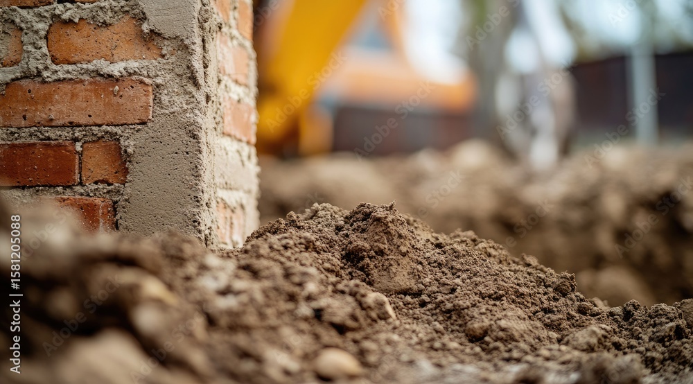 Naklejka premium Brick foundation, freshly dug trench