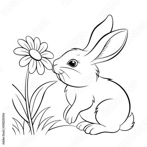 A rabbit sniffing a daisy flower with grass leaves bunny animal