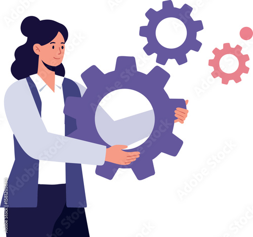 Woman holding purple gear with smaller gears floating technology concept vector illustration