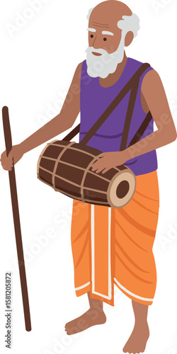 Elderly man playing traditional drum with walking stick wearing orange dhoti and purple vest vector illustration