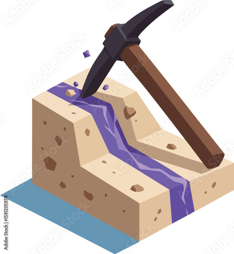 Pickaxe breaking rock with purple crystal vein mining vector illustration in isometric style for game or design projects