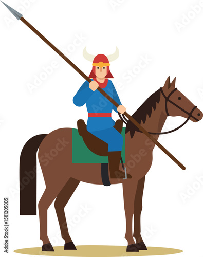 Viking warrior with spear riding horse in traditional helmet and blue outfit vector illustration