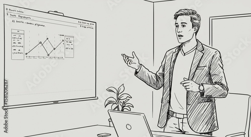 Businessman Giving a Presentation in an Office Setting, Pointing at a Graph on a Whiteboard