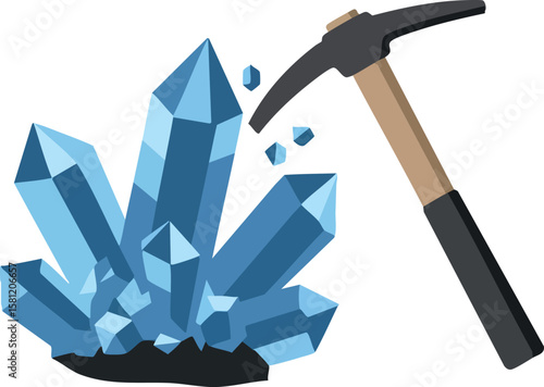 Blue crystal cluster mining with pickaxe tool vector illustration for geology and mineral extraction concepts