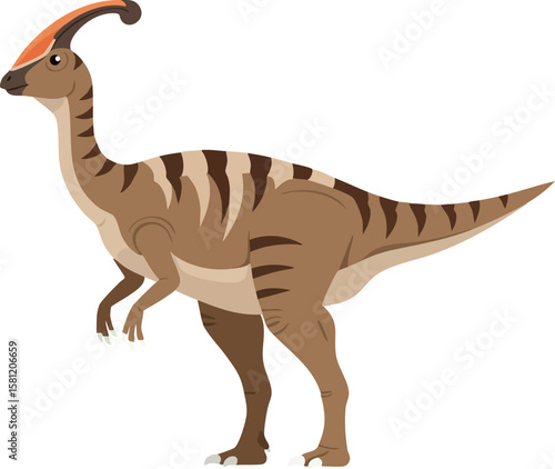Parasaurolophus dinosaur standing side view with distinctive curved crest natural prehistoric animal vector illustration