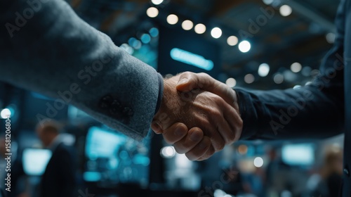 Business partnership agreement forged during a tech exhibition showcasing innovative solutions and future technologies