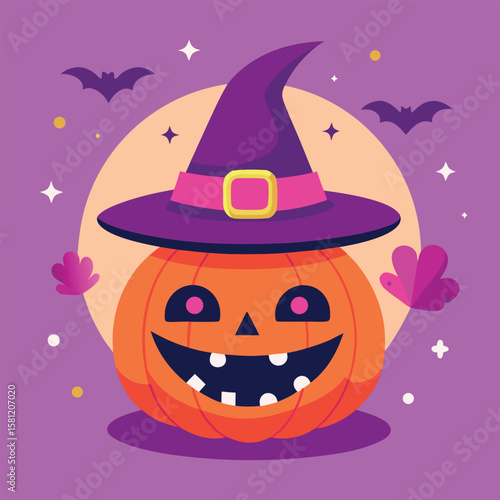 Adorable Halloween Pumpkin with Witch Hat Festive Fall Illustration