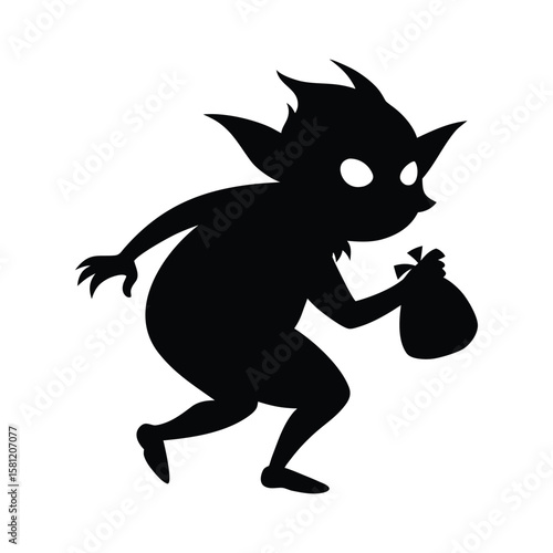 Sneaky goblin walking with spooky intent Halloween silhouette Vector illustration