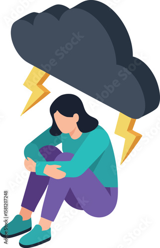 Woman sitting under dark cloud with lightning expressing sadness and depression vector illustration