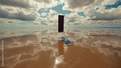 Surreal scene of a black monolith standing on a reflective water surface under dramatic clouds. Abstract symbolism. Generative AI.