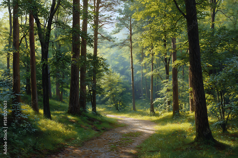 Obraz premium Sunlit Forest Path Winding Through Lush Green Deciduous Trees Sunlight Dappling Grassy Ground Dirt Road Summer Day Sunlight Beams