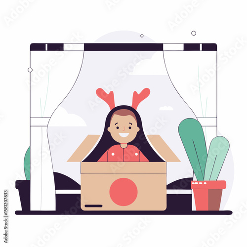 Smiling girl in reindeer antlers playing in box by window