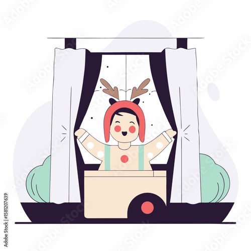 Happy child in reindeer costume playing in box near window