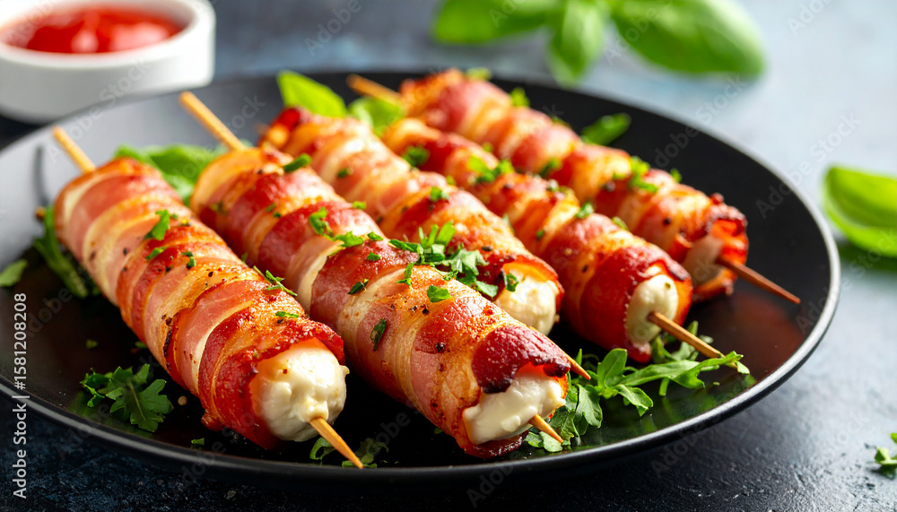 Delicious bacon wrapped mozzarella cheese sticks with green garnish. Tasty snack. Delicious food. Delicious bacon wrapped mozzarella cheese sticks with green garnish. Tasty snack. Delicious food.