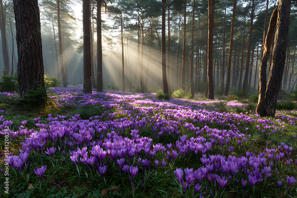 Obraz premium Sunlit Misty Forest Clearing Abundant Purple Crocus Flowers Springtime Sunlight Rays Through Trees