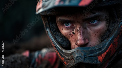 Dirt bike rider experiences the thrill of muddy adventure as helmet comes off revealing determination and grit