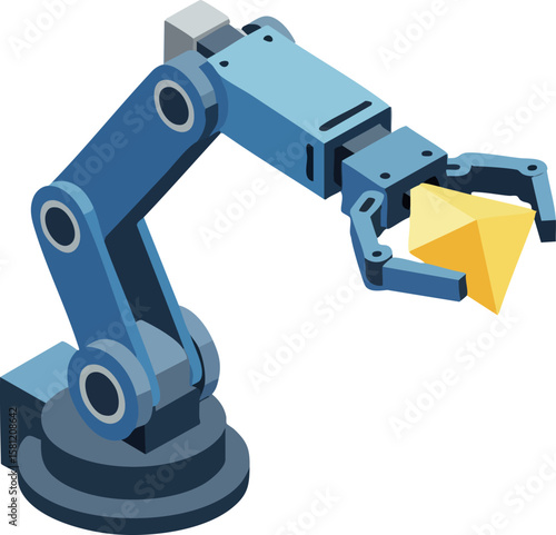 Industrial robotic arm holding yellow cube automation technology machinery equipment design vector