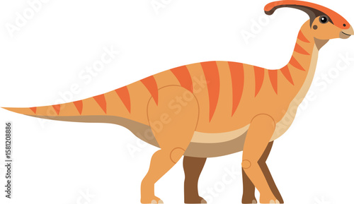 Parasaurolophus dinosaur with orange stripes walking prehistoric animal vector illustration