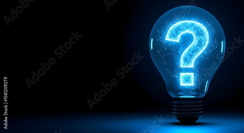 Glowing Blue Question Mark in Light Bulb - Abstract Concept of Inquiry, Idea, Problem Solving and Digital Thinking