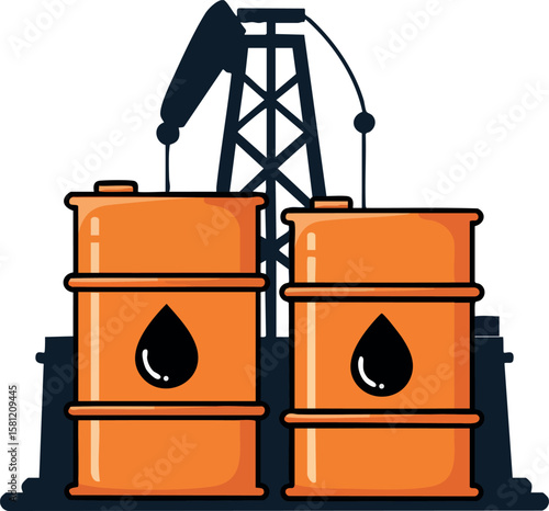 Oil barrels with pump jack silhouette vector illustration for energy industry and petroleum production design