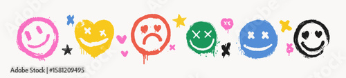 Grunge emoji sticker illustration set with textured dotted spray effect.  Character kawaii emotional icons for urban branding, designs. Punk pop graphic.
