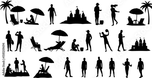 Vector illustration set of silhouette people enjoying summer vacation