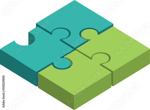 Puzzle pieces isometric vector design with blue and green colors for teamwork and connection concept
