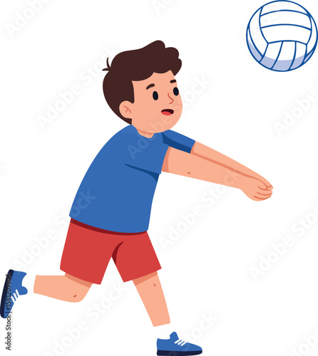 Boy playing volleyball in action hitting the ball with arms stretched in blue shirt and red shorts vector illustration