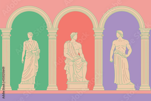 Three classical statues stand under arches with colorful backgrounds.