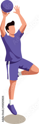 Basketball player in purple uniform jumping for slam dunk vector illustration in dynamic action pose