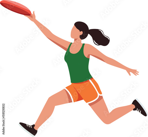 Woman jumping catching frisbee in green tank top and orange shorts active summer sport outdoor play vector