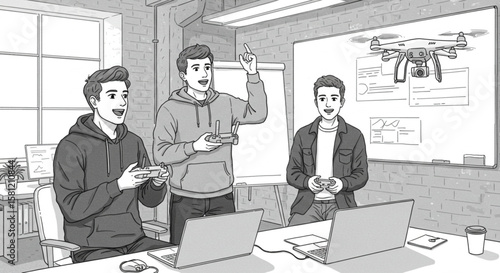 Team of young innovators testing a drone in a tech startup office. Black and white sketch of collaborative engineering and development.