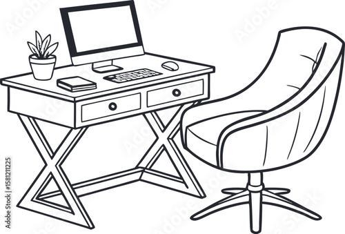 Workspace with Modern Computer and Chair on White Design