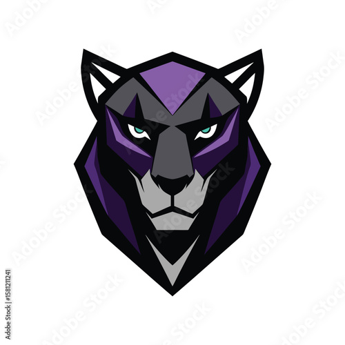 Polygonal panther head logo illustration with purple and black geometric shapes on white background