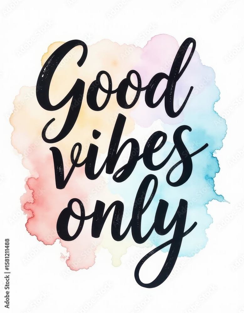 Fototapeta premium “Good vibes only” brush lettering with watercolor background 