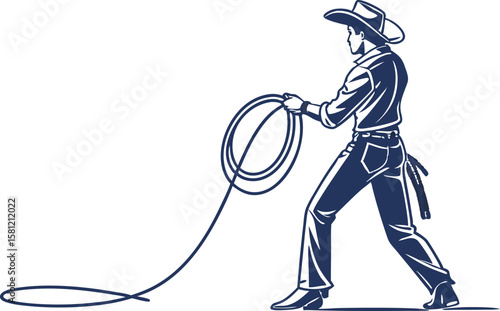 Cowboy with Rope in Action Pose on White Scene Vector