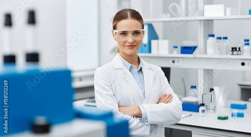 Smiling Female Scientist in Modern Laboratory - Confident Woman Researcher in Lab Coat and Safety Goggles